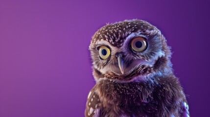 Obraz premium Close-up of an owl with striking yellow eyes, detailed feathers, wildlife portrait, nocturnal bird, nature photography, owl face, animal eyes, sharp gaze, Copy Space