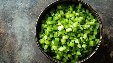 A bowl of freshly diced green peppers, perfect for adding to a fresh, vibrant vegetable soup or mixing into a healthy pasta salad