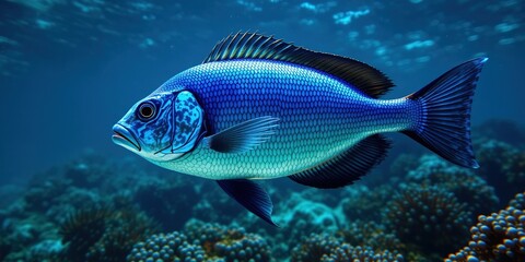 Naklejka premium Azure Fish Swimming Gracefully in Underwater Scene