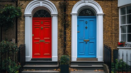 Fototapeta premium A townhouse in London with red and blue doors.
