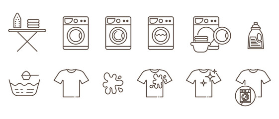Laundry self service linear icons isolated on transparent background. Washing service icons. Washing machine, t-shirt, spot liquid detergent, basin, iron, clean shirt and other icons.
