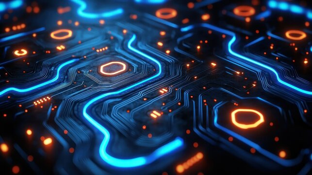 Glowing circuit board with blue and orange light trails