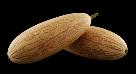 Two Oblong Melons Close Up Isolated on Black Background