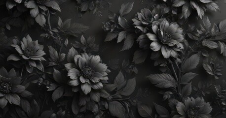 Intricate charcoal floral wallpaper, abstract botanicals  , flowers, subtle pattern, black