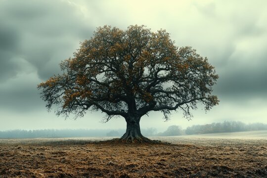 Majestic oak tree in a foggy autumn field. Dark, atmospheric landscape photo ideal for websites, book covers, and advertising. Commercial use permitted.