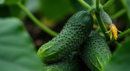 Fresh cucumbers growing on a vine with a yellow flower in a lush garden