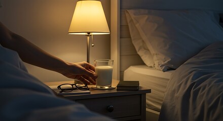 Restful slumber ritual featuring bedtime milk on a tranquil nightstand setting