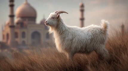 Fototapeta premium A fluffy goat stands amidst tall grass near a historic building.
