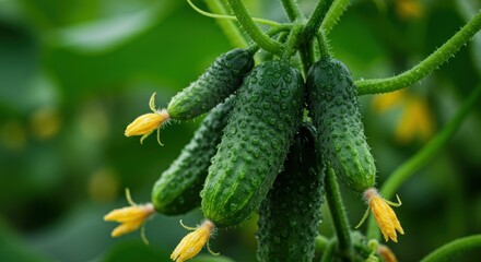 Freshly picked cucumbers with yellow flowers in a lush green garden setting