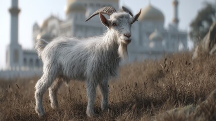 Fototapeta premium Fluffy goat in a field stands before a majestic structure.