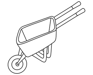 Wheelbarrow. Cart with handles on one wheel for transporting goods. Sketch. Vector illustration. Transport for gardening and construction work. Outline on isolated white background. Doodle style. 