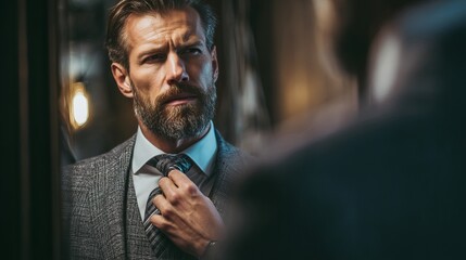 Stylish man adjusting his necktie in a mirror reflection elegant business attire grey suit professional