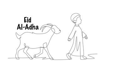 The boy and the goat. Eid al-adha concept one-line drawing