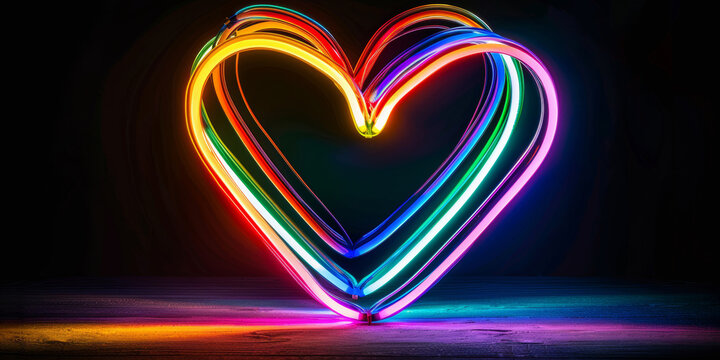 Vibrant neon heart with rainbow light trails on dark surface. Romantic design, modern style, vibrant colors. - Powered by Adobe