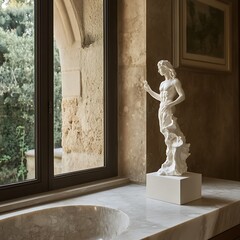 Elegant marble bathroom with classical sculpture and scenic window view