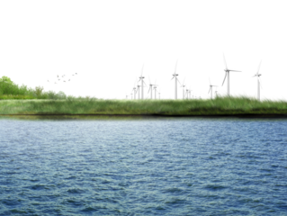 green grass and blue sky/The wind turns each turbine gracefully, generating clean energy in the heart of nature, surrounded by green landscapes and flowing water — a true symbol of eco power.