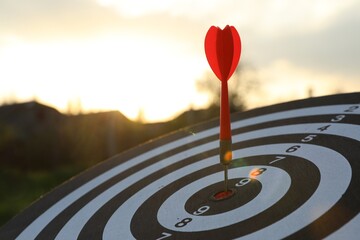 Targeting. Dart board with arrow outdoors, closeup