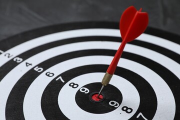 Targeting. Dart board with arrow on gray background, closeup