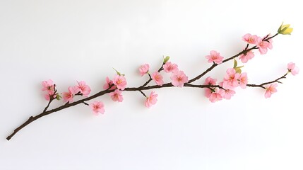 A light pink cherry blossom branch against a soft white backdrop