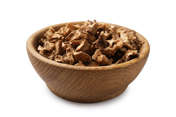 Pieces of dry chicory roots in bowl isolated on white