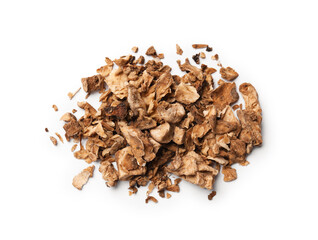 Pile of dry chicory roots isolated on white, top view
