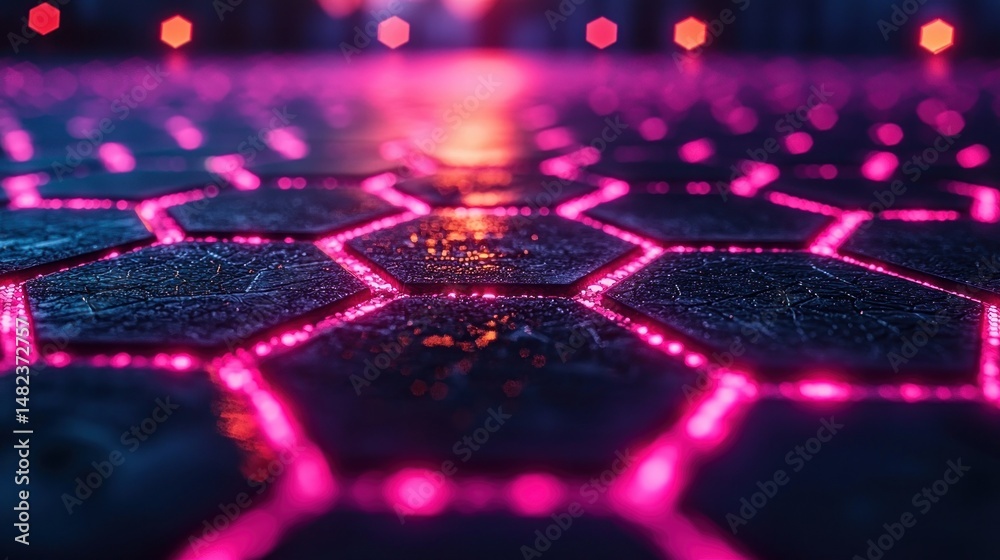 Poster hexagonal pattern with glowing pink lines and soft focus