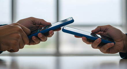 Close Up of Two Hands Holding Modern Smartphones in Bright Office Environment
