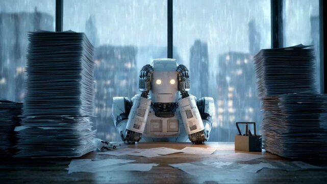 Office robot buried in paperwork, symbolizing automation challenges in human-centered bureaucratic systems