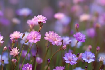 Gentle pink purple wildflowers in pastel soft focus  

