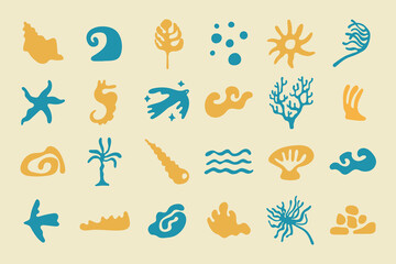 Vector design elements set of summer holiday vibes for prints templates - simple hand drawn linocut style. Wavy and groovy shapes for packaging, prints, social media, surface design