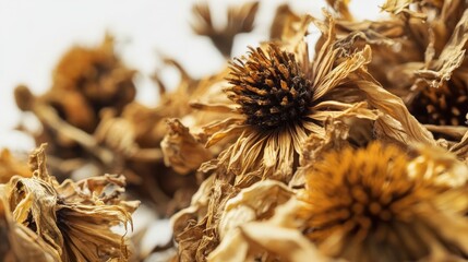 A close-up of dried echinacea flowers and roots, traditionally used to boost the immune system and fight colds