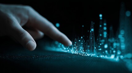 Abstract digital technology background hand touching data visualization turquoise blue wave clean