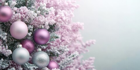 Festive background with a flocked Christmas tree branches with purple silver bauble decoration
