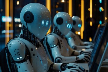 Fototapeta premium Robots working at computers in a futuristic office.