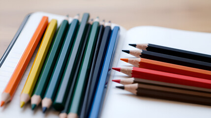 Fototapeta premium colored pencils on an open notebook