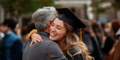 College or university student hugging their parent after the graduation ceremony.
