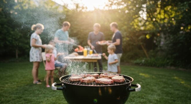 Family having a barbecue party in the backyard with meat grilling on the grill for food, summer, and outdoor concepts.