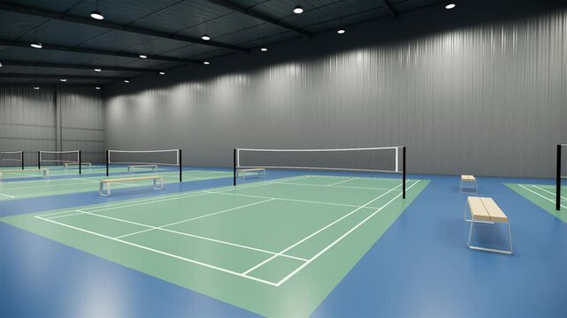  Indoor Badminton Court with Net and Green Lines