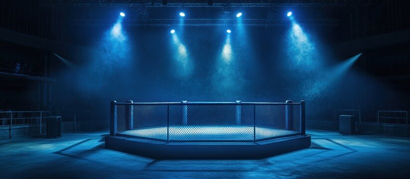 Blue-lit Octagon: MMA Cage in Arena