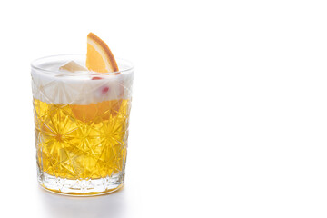Classic cocktail whiskey sour isolated on white background. Copy space