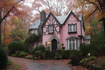 Fototapeta premium Pink tudor house with fall foliage in vibrant hues 