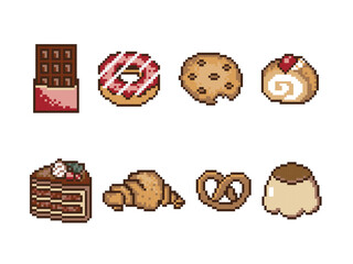 collection set of chocolate sweet bakery food dessert 8bit pixel art, flat icon design vector illustration