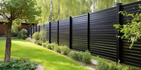 Black aluminum fence surrounding residential backyard garden, surrounded with flowers and green bushes.