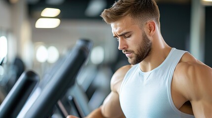 Obraz premium A man sweating on a stair climber machine, focusing on improving cardiovascular fitness 