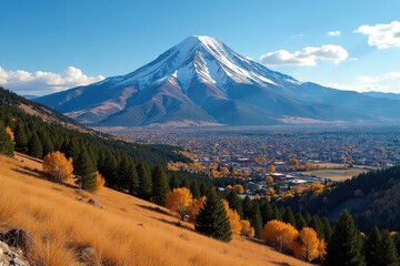 Fototapeta premium Colorado Springs' majestic Pikes Peak dominates the skyline, showcasing the city's stunning natural beauty , outdoors, daylight, vegetation