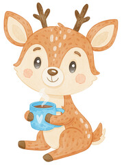Watercolor Illustration of a Cute Deer Holding a Coffee Mug