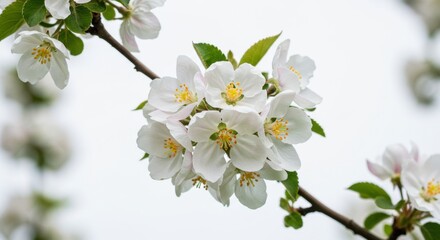 Obraz premium Beautiful blooming white apple blossoms on a branch against a soft sky backdrop