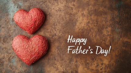Aged Paper Craft Father's Day Card｜Rough Textured Red Hearts on Woodgrain Background with Stylized "Happy Father's Day" Typography