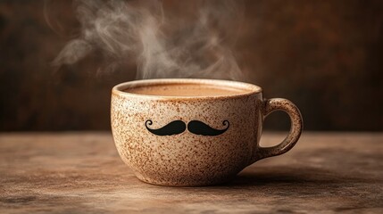 Father's Day Mustache Coffee Cup｜Textured Ceramic Mug with Steam Effect on Wood Surface, Dark Liquid in Personalized Gift Design