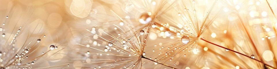 Stunning close-up of a dandelion covered with dew droplets on a light background. The concept of the gentle beauty of nature.